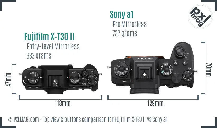 Fujifilm X-T30 II vs Sony a1 top view buttons comparison