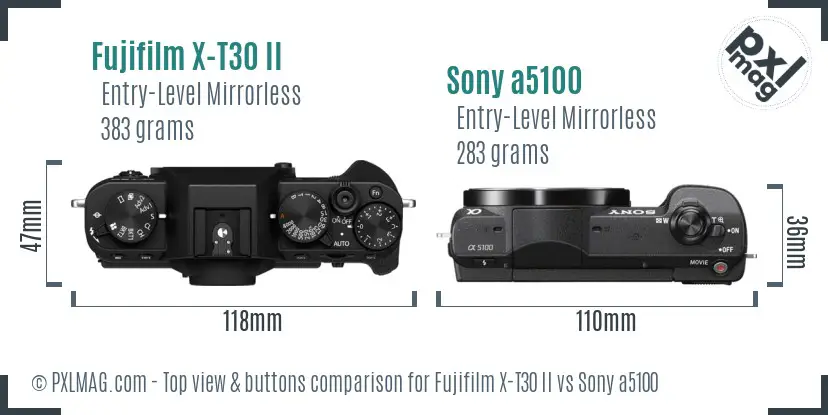 Fujifilm X-T30 II vs Sony a5100 top view buttons comparison