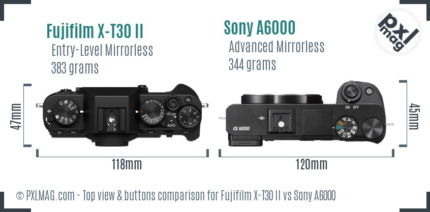 Fujifilm X-T30 II vs Sony A6000 top view buttons comparison