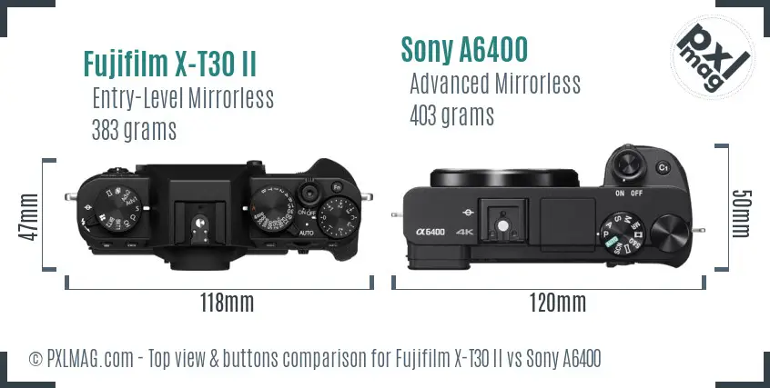 Fujifilm X-T30 II vs Sony A6400 top view buttons comparison