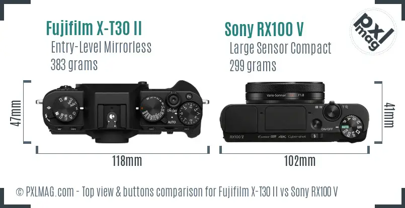 Fujifilm X-T30 II vs Sony RX100 V top view buttons comparison