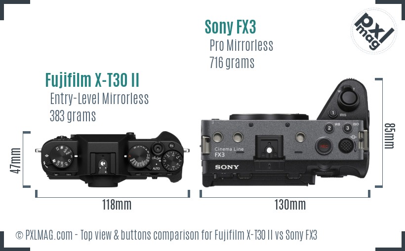 Fujifilm X-T30 II vs Sony FX3 top view buttons comparison
