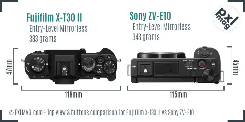 Fujifilm X-T30 II vs Sony ZV-E10 top view buttons comparison
