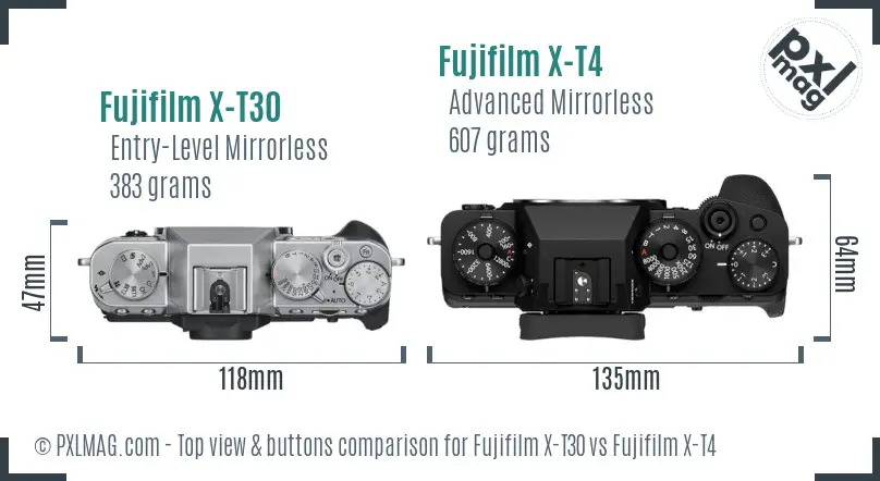 Fujifilm X-T30 vs Fujifilm X-T4 top view buttons comparison