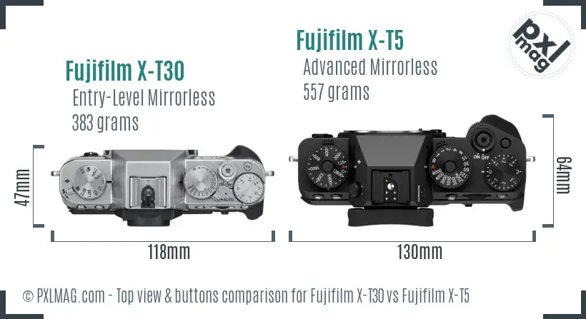 Fujifilm X-T30 vs Fujifilm X-T5 top view buttons comparison