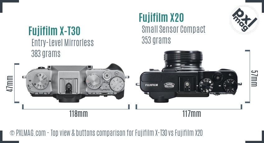 Fujifilm X-T30 vs Fujifilm X20 top view buttons comparison