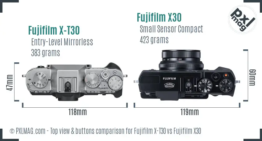 Fujifilm X-T30 vs Fujifilm X30 top view buttons comparison Fujifilm X-T30 vs Fujifilm X30 top view buttons comparison