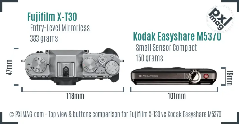 Fujifilm X-T30 vs Kodak Easyshare M5370 top view buttons comparison