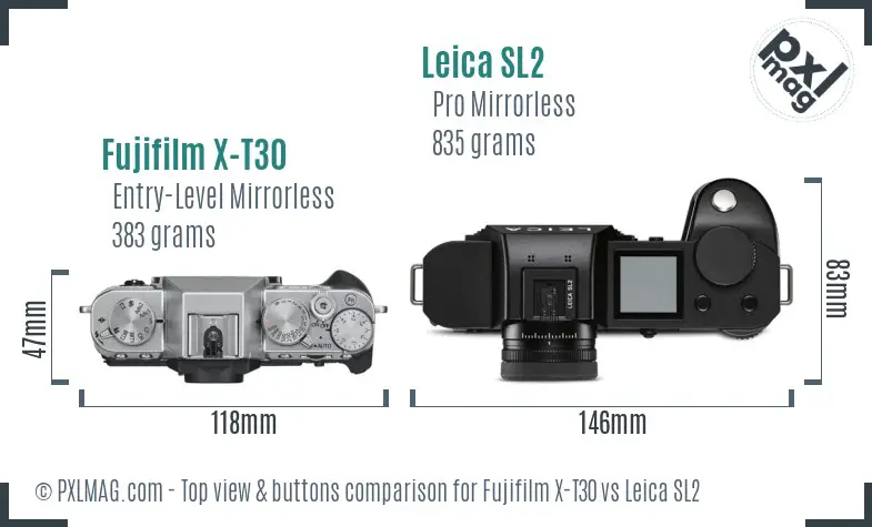 Fujifilm X-T30 vs Leica SL2 top view buttons comparison