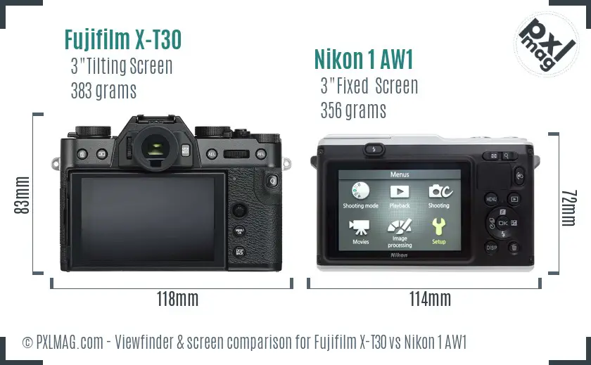 Fujifilm X-T30 vs Nikon 1 AW1 Screen and Viewfinder comparison