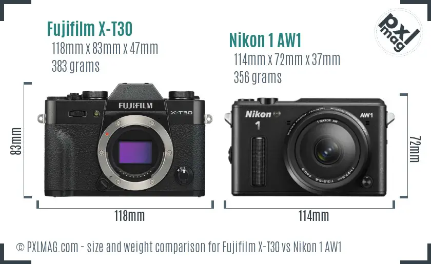 Fujifilm X-T30 vs Nikon 1 AW1 size comparison
