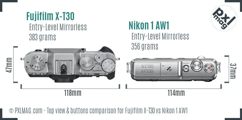 Fujifilm X-T30 vs Nikon 1 AW1 top view buttons comparison