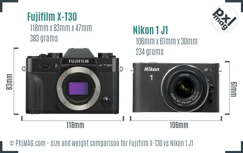Fujifilm X-T30 vs Nikon 1 J1 size comparison