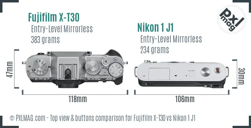 Fujifilm X-T30 vs Nikon 1 J1 top view buttons comparison