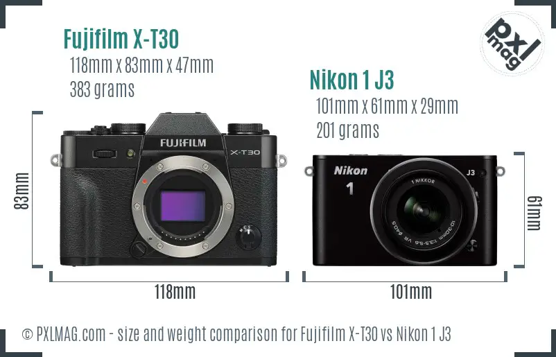 Fujifilm X-T30 vs Nikon 1 J3 size comparison