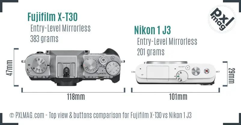 Fujifilm X-T30 vs Nikon 1 J3 top view buttons comparison