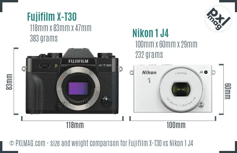 Fujifilm X-T30 vs Nikon 1 J4 size comparison