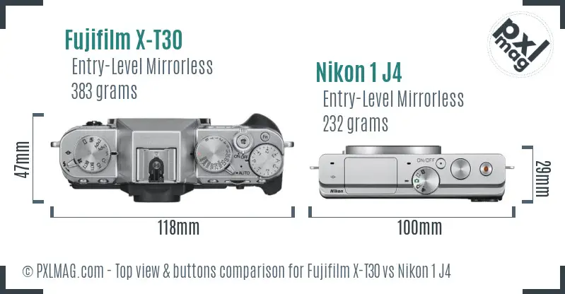 Fujifilm X-T30 vs Nikon 1 J4 top view buttons comparison