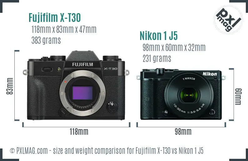 Fujifilm X-T30 vs Nikon 1 J5 size comparison