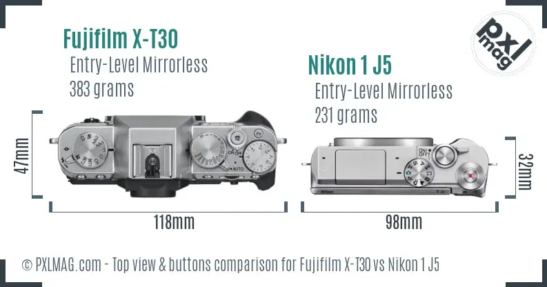 Fujifilm X-T30 vs Nikon 1 J5 top view buttons comparison