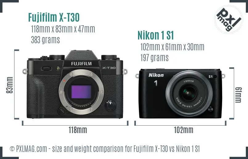 Fujifilm X-T30 vs Nikon 1 S1 size comparison