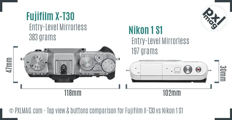 Fujifilm X-T30 vs Nikon 1 S1 top view buttons comparison