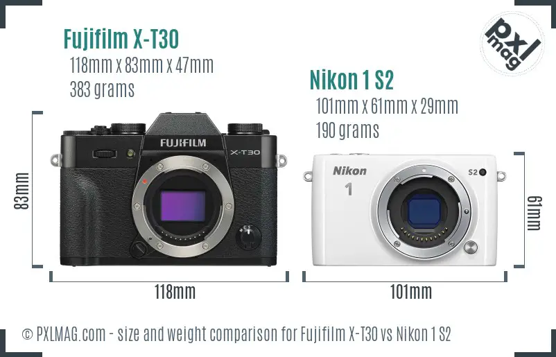 Fujifilm X-T30 vs Nikon 1 S2 size comparison