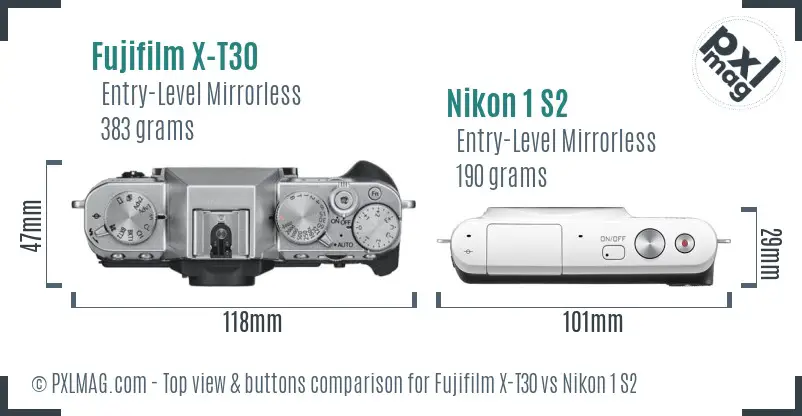 Fujifilm X-T30 vs Nikon 1 S2 top view buttons comparison