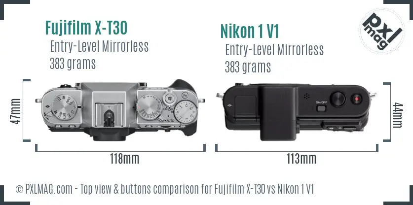 Fujifilm X-T30 vs Nikon 1 V1 top view buttons comparison Fujifilm X-T30 vs Nikon 1 V1 top view buttons comparison