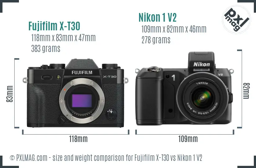 Fujifilm X-T30 vs Nikon 1 V2 size comparison