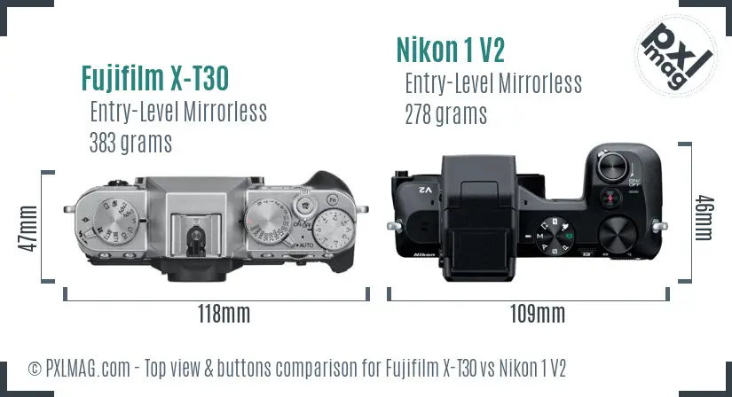 Fujifilm X-T30 vs Nikon 1 V2 top view buttons comparison