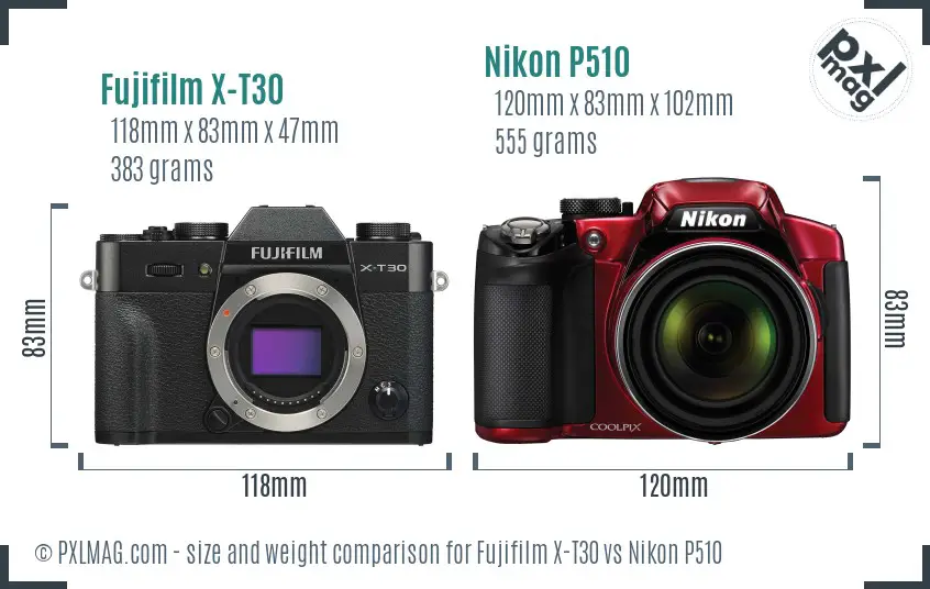 Fujifilm X-T30 vs Nikon P510 size comparison