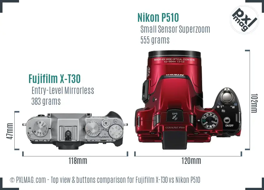 Fujifilm X-T30 vs Nikon P510 top view buttons comparison