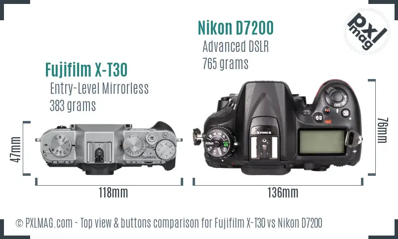 Fujifilm X-T30 vs Nikon D7200 top view buttons comparison Fujifilm X-T30 vs Nikon D7200 top view buttons comparison