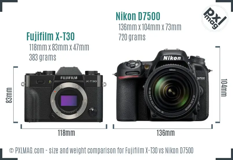 Fujifilm X-T30 vs Nikon D7500 size comparison