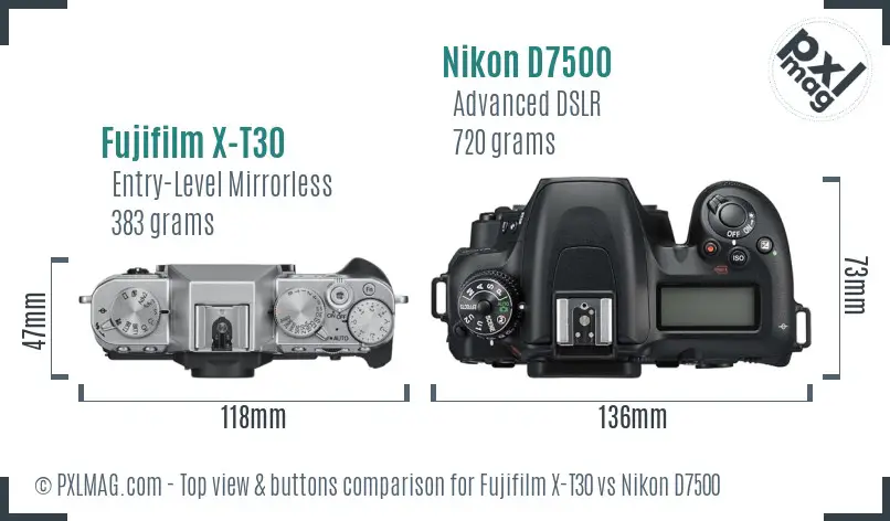 Fujifilm X-T30 vs Nikon D7500 top view buttons comparison