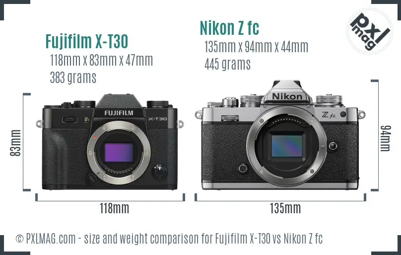 Fujifilm X-T30 vs Nikon Z fc size comparison