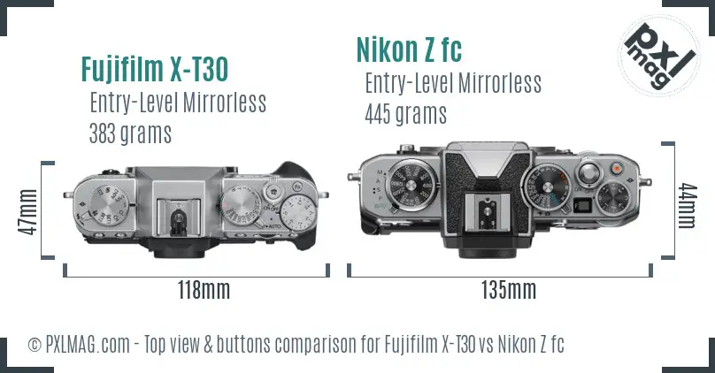 Fujifilm X-T30 vs Nikon Z fc top view buttons comparison