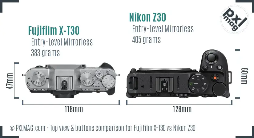 Fujifilm X-T30 vs Nikon Z30 top view buttons comparison