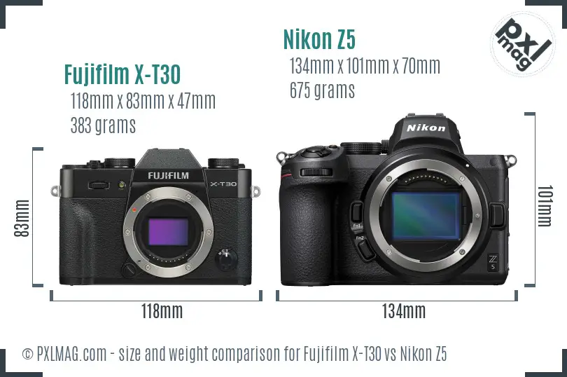 Fujifilm X-T30 vs Nikon Z5 size comparison