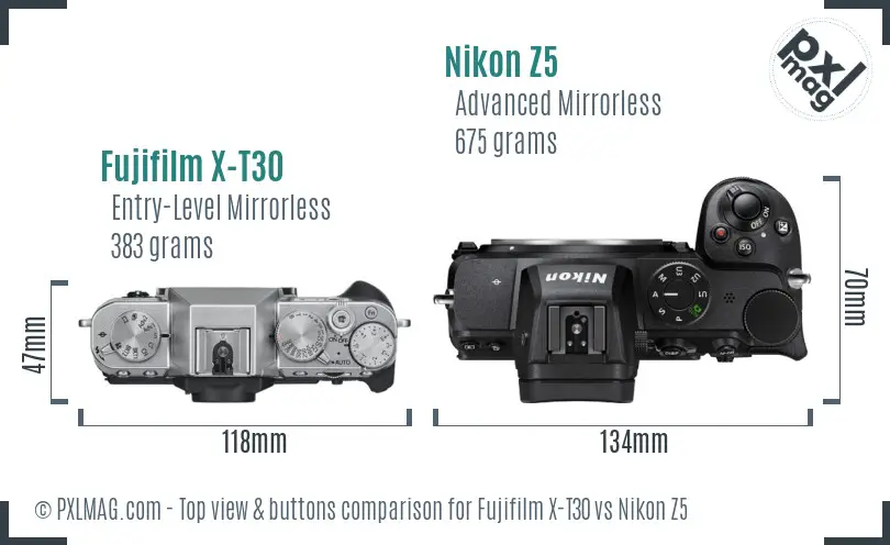 Fujifilm X-T30 vs Nikon Z5 top view buttons comparison