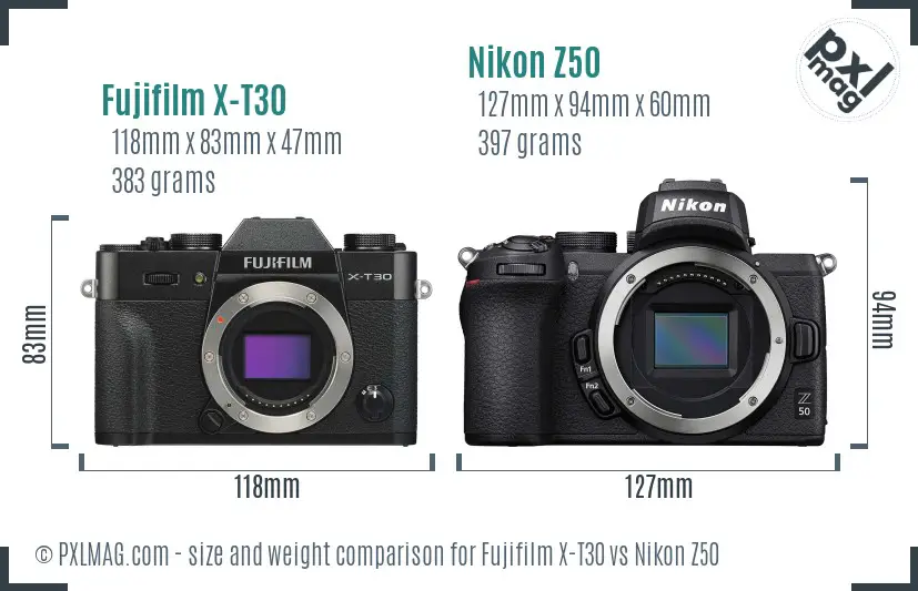 Fujifilm X-T30 vs Nikon Z50 size comparison