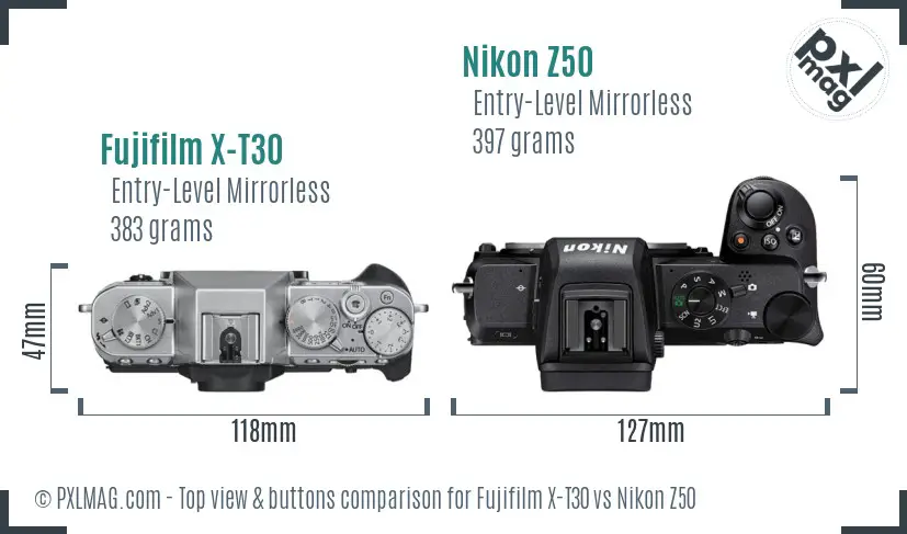 Fujifilm X-T30 vs Nikon Z50 top view buttons comparison
