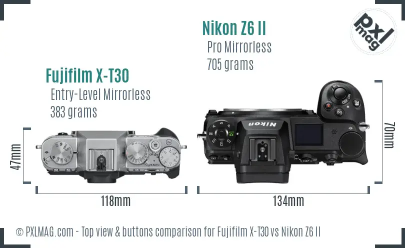 Fujifilm X-T30 vs Nikon Z6 II top view buttons comparison Fujifilm X-T30 vs Nikon Z6 II top view buttons comparison