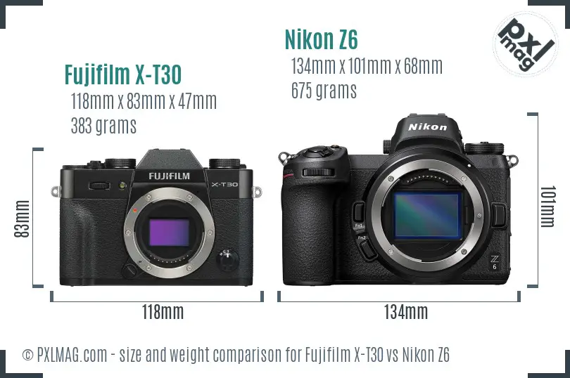 Fujifilm X-T30 vs Nikon Z6 size comparison