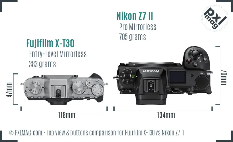 Fujifilm X-T30 vs Nikon Z7 II top view buttons comparison