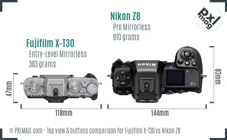 Fujifilm X-T30 vs Nikon Z8 top view buttons comparison