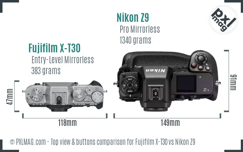 Fujifilm X-T30 vs Nikon Z9 top view buttons comparison