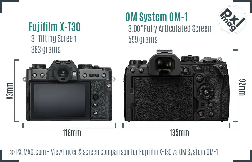 Fujifilm X-T30 vs OM System OM-1 Screen and Viewfinder comparison