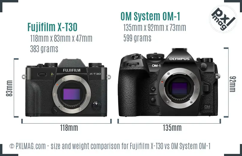 Fujifilm X-T30 vs OM System OM-1 size comparison